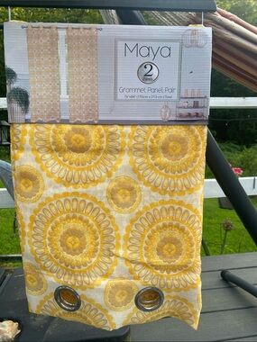 Maya Yellow and Cream Sunburst Grommet Curtain Panels Pair 76x84